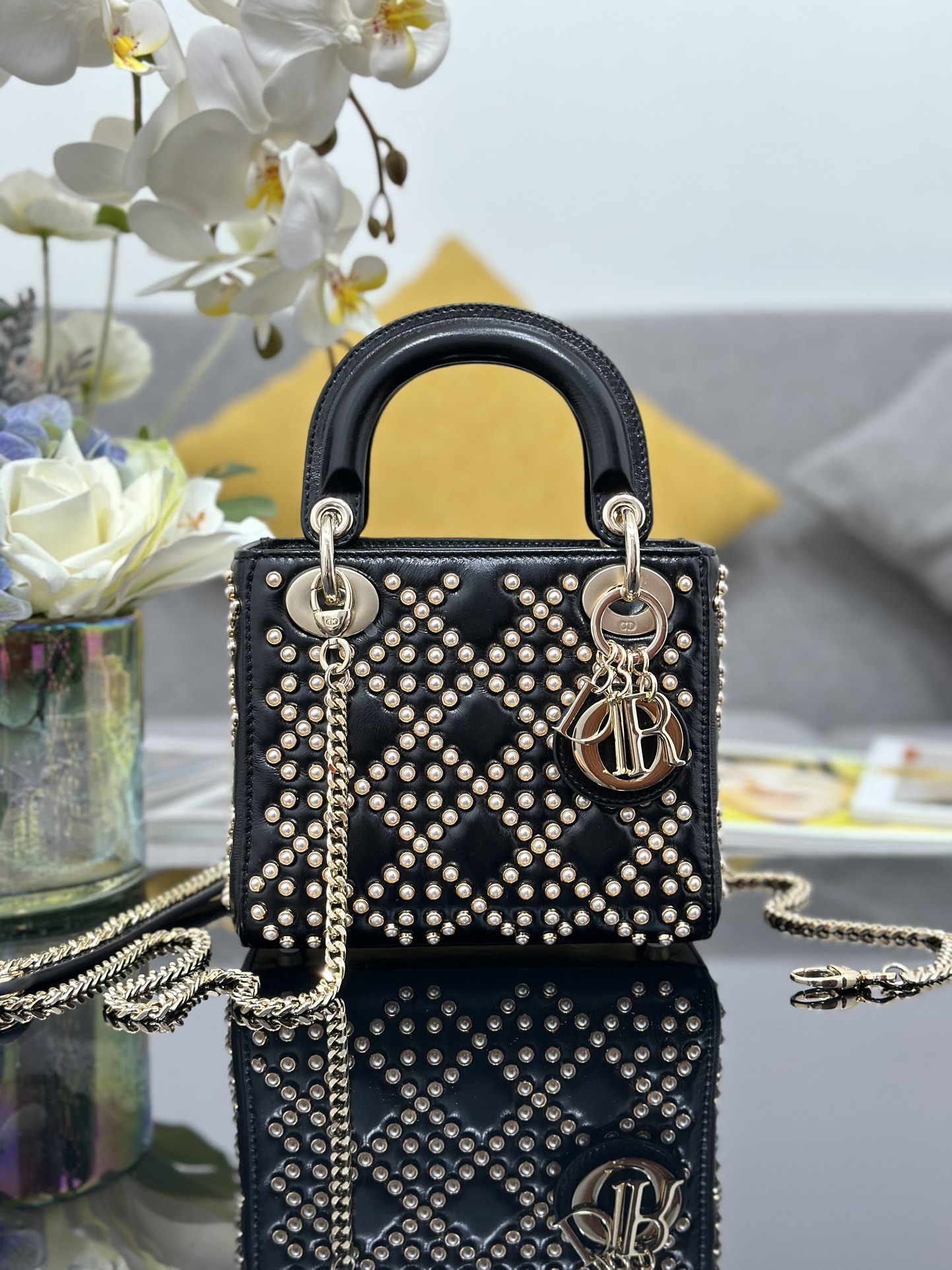 Mini Lady Dior Bag Black Calfskin Embroidered with Pearl Nail